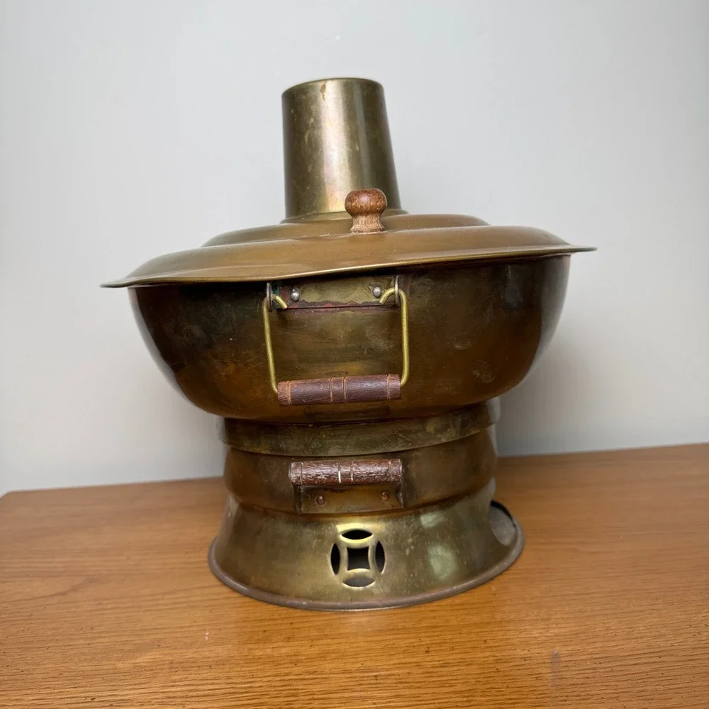 Vintage Tibetan Brass Hot Pot Stove Wooden Handles Fondue Soup‎ Warmer Steamer